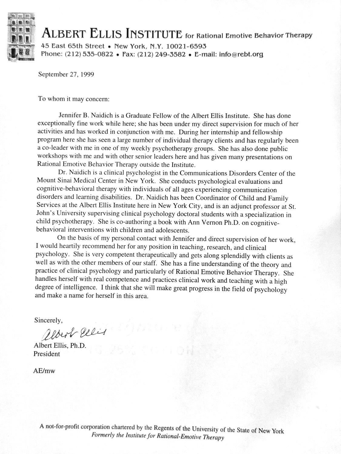 Letter of recommendation from Dr. Albert Ellis, dated September 27, 1999